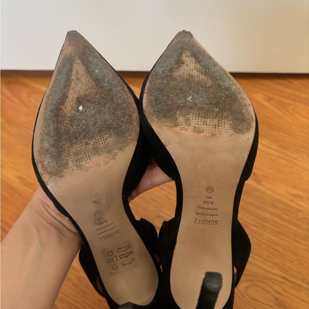 SCHUTZ Black Pointed-Toe Suede Slingback Heels - Picture 5 of 6